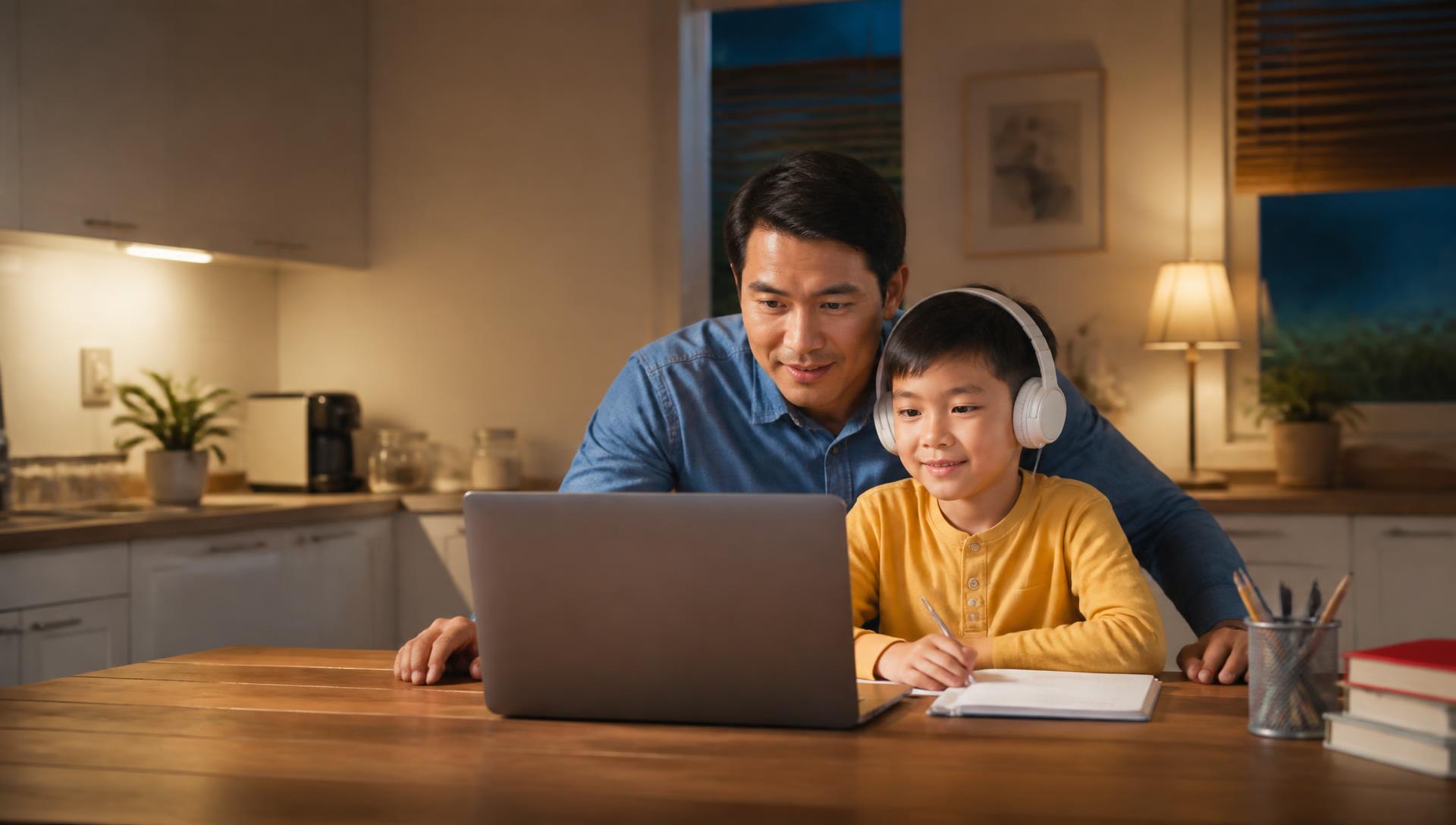 Parent and child reviewing an online lesson together at home